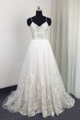 Elegant Spaghetti Straps Tulle Lace Wedding Dress V-Neck Appliques See Through Top Bridal Gowns-27dress