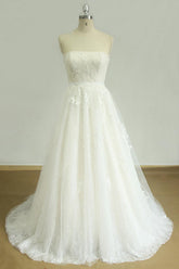 Elegant Strapless Lace Tulle Wedding Dress Appliques White A-line Bridal Gowns On Sale-27dress