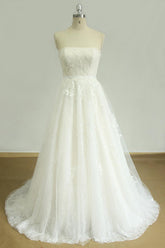 Elegant Strapless Lace Tulle Wedding Dress Appliques White A-line Bridal Gowns On Sale-27dress