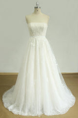 Elegant Strapless Lace Tulle Wedding Dress Appliques White A-line Bridal Gowns On Sale-27dress