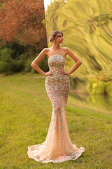 27DRESS Elegant Strapless Mermaid Evening Dresses with Rhinestones