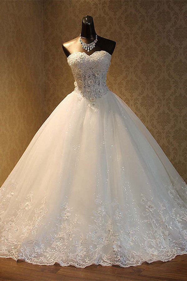 Elegant Strapless Tulle Ball Gown Wedding Dress Appliques Sequined Sweetheart Bridal Gowns On Sale-27dress