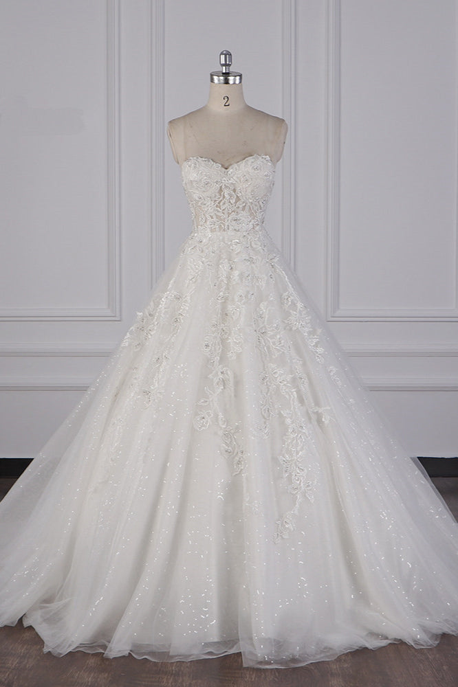 Elegant Strapless Tulle Lace Wedding Dress Sweetheart Appliques Sequined Bridal Gowns On Sale-27dress