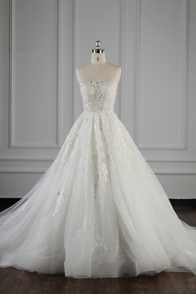 Elegant Strapless White Lace Wedding Dress Sleeveless Appliques Ruffle Bridal Gowns Online-27dress
