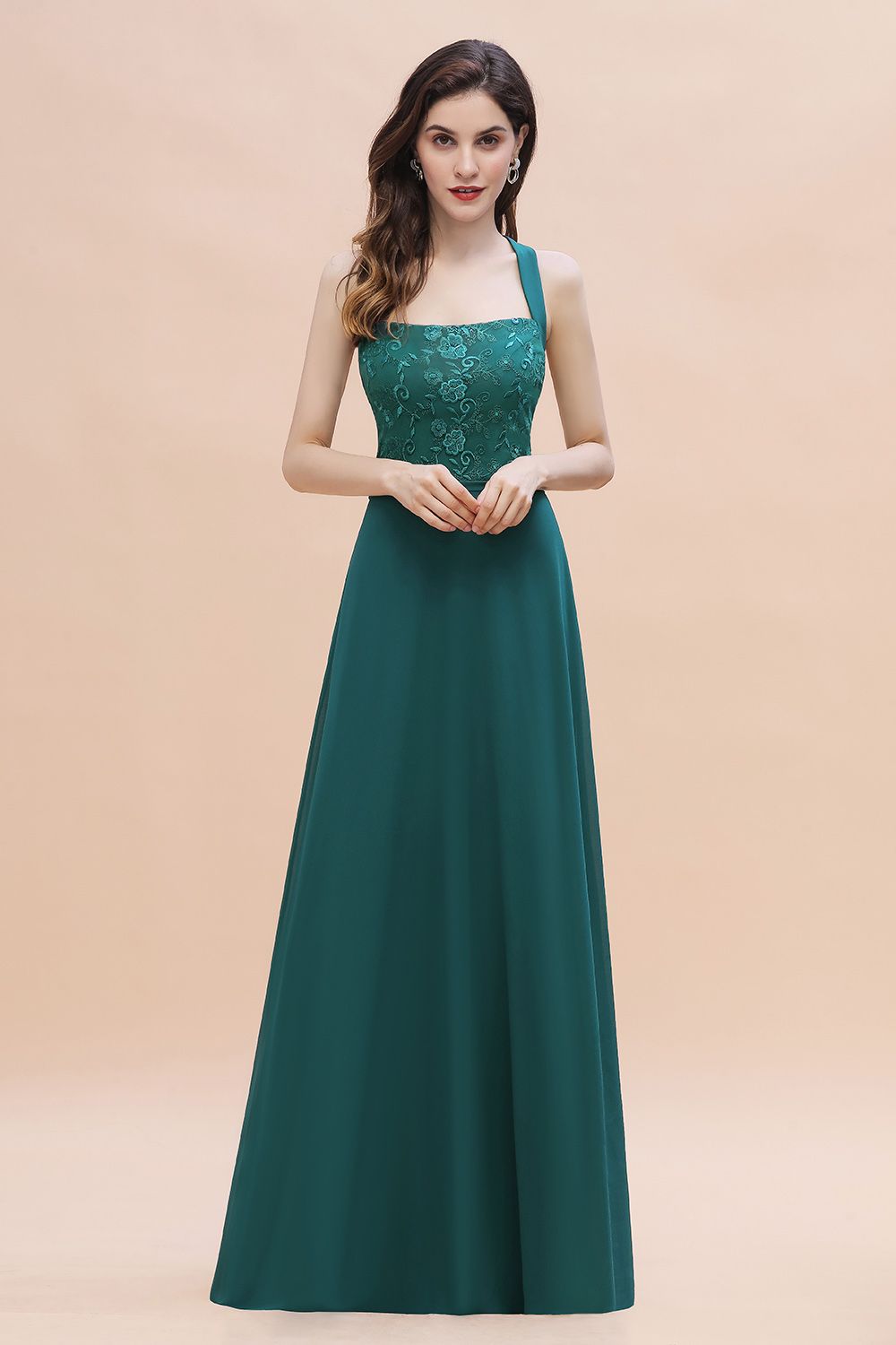 Elegant Straps Peacock Chiffon Appliques Bridesmaid Dress Sleeveless On Sale-27dress