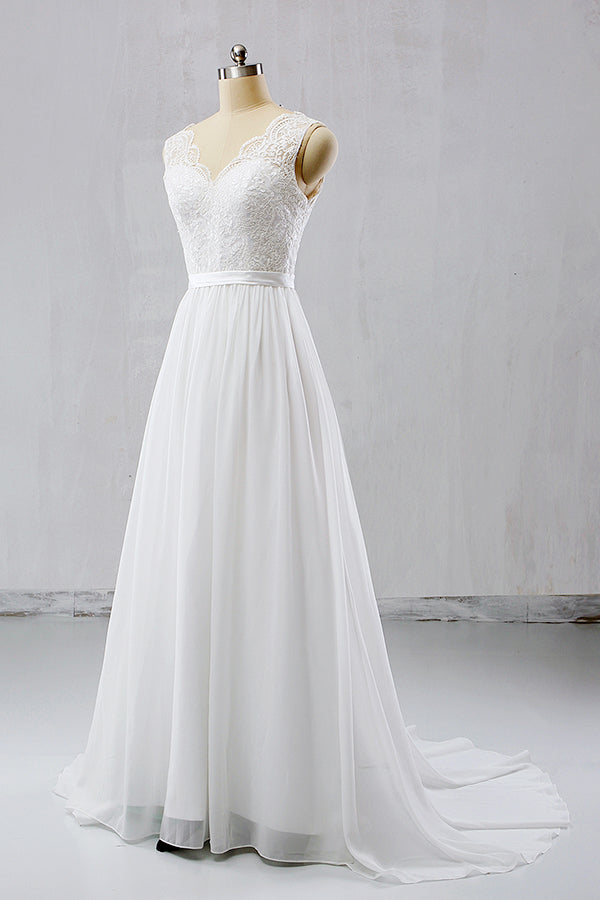 Elegant Straps Sleeveless Chiffon Wedding Dresses White A-line Bridal Gowns Online-27dress