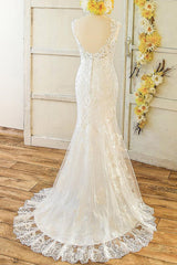 Elegant Straps Sleeveless Mermaid Wedding Dresses Appliques Lace White Bridal Gowns On Sale-27dress