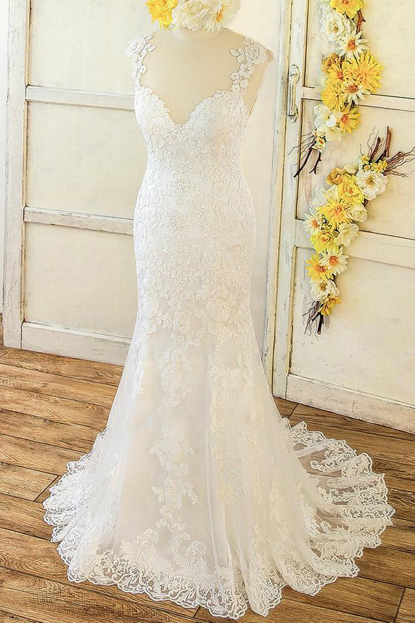 Elegant Straps Sleeveless Mermaid Wedding Dresses Appliques Lace White Bridal Gowns On Sale-27dress