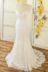 Elegant Straps Sleeveless Mermaid Wedding Dresses Appliques Lace White Bridal Gowns On Sale-27dress