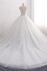Elegant Straps Sleeveless White Wedding Dresses With Appliques A line Tulle Bridal Gowns On Sale-27dress