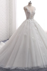 Elegant Straps Sleeveless White Wedding Dresses With Appliques A line Tulle Bridal Gowns On Sale-27dress