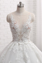 Elegant Straps Sleeveless White Wedding Dresses With Appliques A line Tulle Bridal Gowns On Sale-27dress