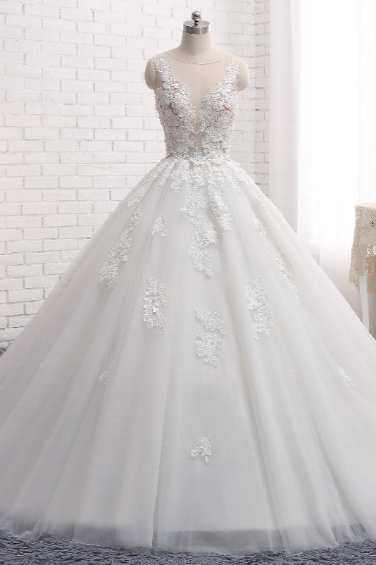 Elegant Straps Sleeveless White Wedding Dresses With Appliques A line Tulle Bridal Gowns On Sale-27dress