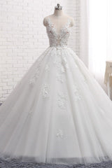Elegant Straps Sleeveless White Wedding Dresses With Appliques A line Tulle Bridal Gowns On Sale-27dress