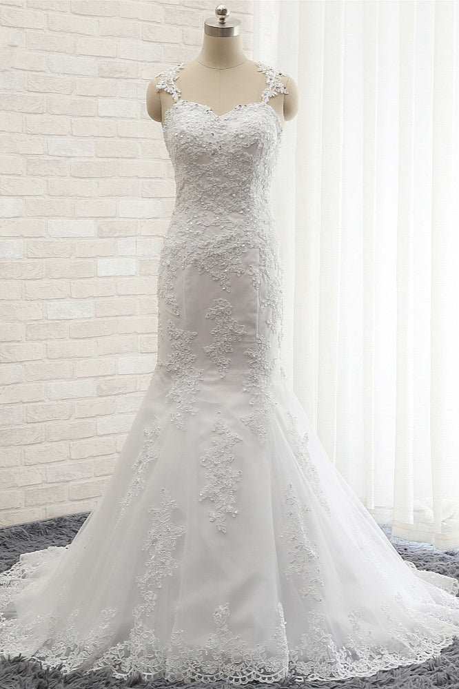 Elegant Straps Sweetheart Lace Wedding Dress Sexy Backless Sleeveless Appliques Bridal Gowns with Beadings-27dress
