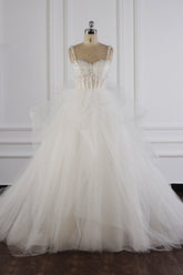 Elegant Straps Tulle Lace Wedding Dress Sweetheart Appliques Beadings Bridal Gowns with Ruffles On Sale-27dress