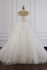 Elegant Straps Tulle Lace Wedding Dress Sweetheart Appliques Beadings Bridal Gowns with Ruffles On Sale-27dress