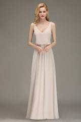 Elegant Straps V-Neck Long Affordable Bridesmaid Dresses with Ruffle-27dress