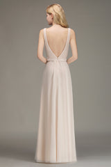 Elegant Straps V-Neck Long Affordable Bridesmaid Dresses with Ruffle-27dress