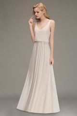 Elegant Straps V-Neck Long Affordable Bridesmaid Dresses with Ruffle-27dress