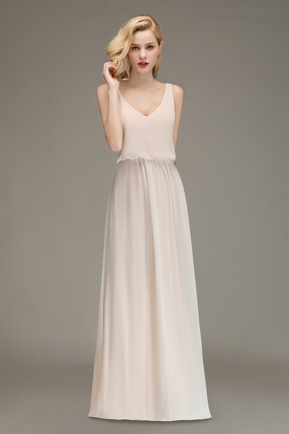 Elegant Straps V-Neck Long Affordable Bridesmaid Dresses with Ruffle-27dress