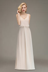 Elegant Straps V-Neck Long Affordable Bridesmaid Dresses with Ruffle-27dress