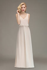 Elegant Straps V-Neck Long Affordable Bridesmaid Dresses with Ruffle-27dress