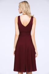 Elegant Straps V-Neck Ruffle Short Burgundy Bridesmaid Dress with Bow Sash-27dress