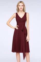 Elegant Straps V-Neck Ruffle Short Burgundy Bridesmaid Dress with Bow Sash-27dress