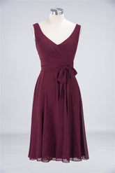 Elegant Straps V-Neck Ruffle Short Burgundy Bridesmaid Dress with Bow Sash-27dress