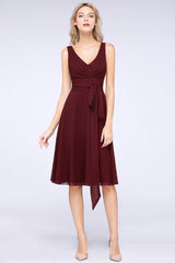 Elegant Straps V-Neck Ruffle Short Burgundy Bridesmaid Dress with Bow Sash-27dress