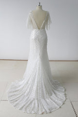 Elegant Stunning Sequins White Tulle Wedding Dress Sweep Train Mermaid Short Sleeve Bridal Gowns On Sale-27dress