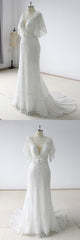 Elegant Stunning Sequins White Tulle Wedding Dress Sweep Train Mermaid Short Sleeve Bridal Gowns On Sale-27dress