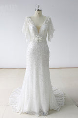 Elegant Stunning Sequins White Tulle Wedding Dress Sweep Train Mermaid Short Sleeve Bridal Gowns On Sale-27dress