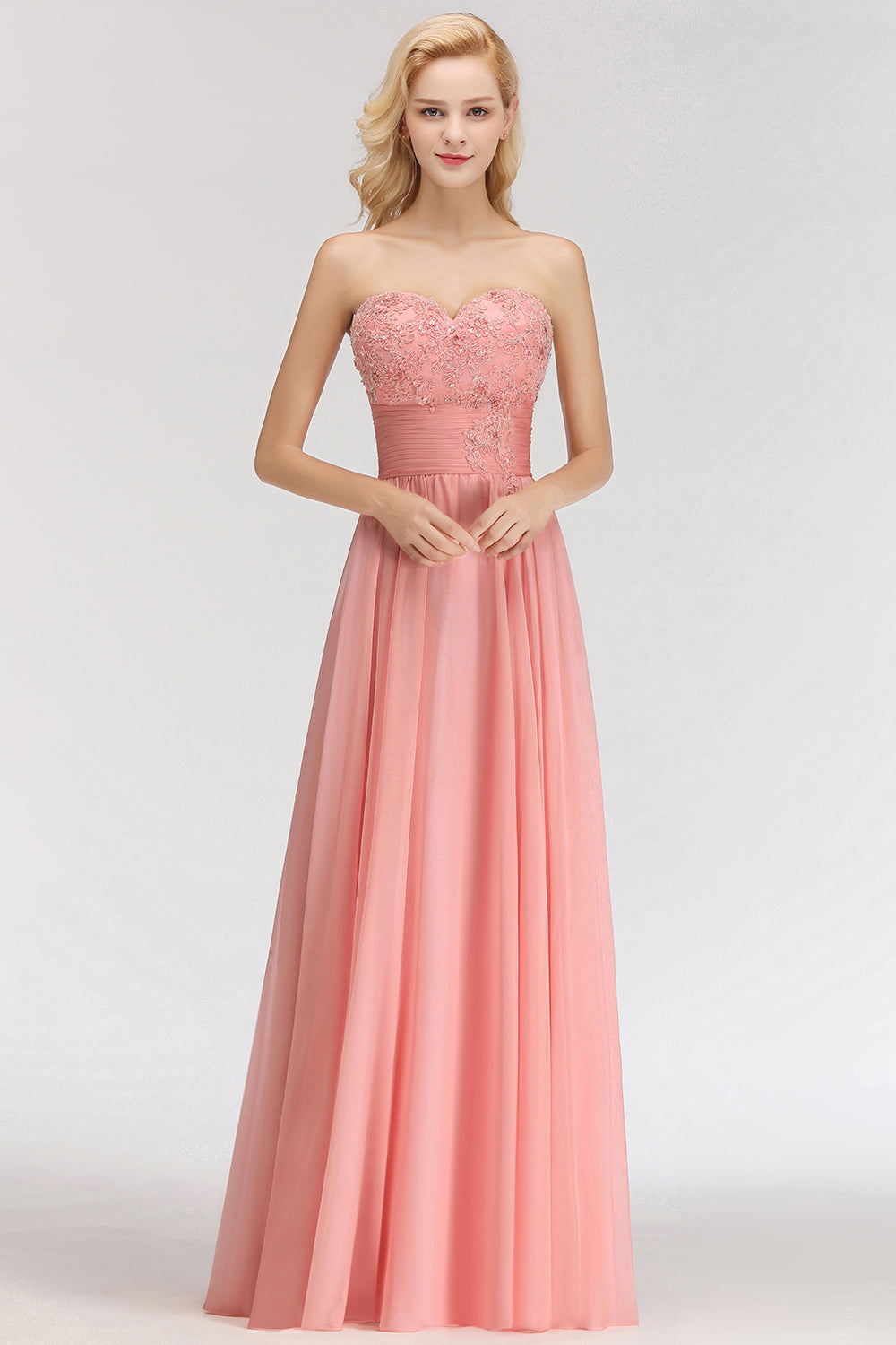 Elegant Sweetheart Ruffle Pink Bridesmaid Dresses with Appliques-27dress
