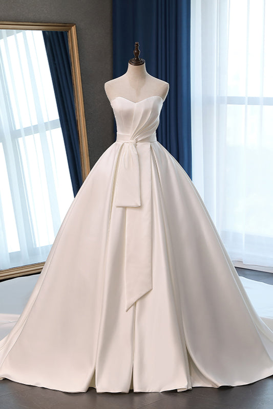 Elegant Sweetheart White Satin Wedding Dress A-line Ruffles Bridal Gowns On Sale-27dress