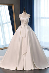 Elegant Sweetheart White Satin Wedding Dress A-line Ruffles Bridal Gowns On Sale-27dress