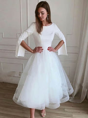 Elegant Tea-length Wedding Dress with Scoop Neck Tulle & Stretch Crepe
