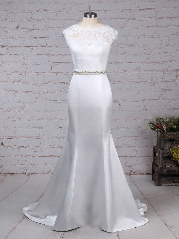 Elegant Trumpet/Mermaid Illusion Lace Satin Sweep Train Wedding Dress With Beading
