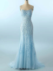 Elegant Trumpet/Mermaid Scoop Neck Tulle Prom Dress with Appliques Lace Sweep Train