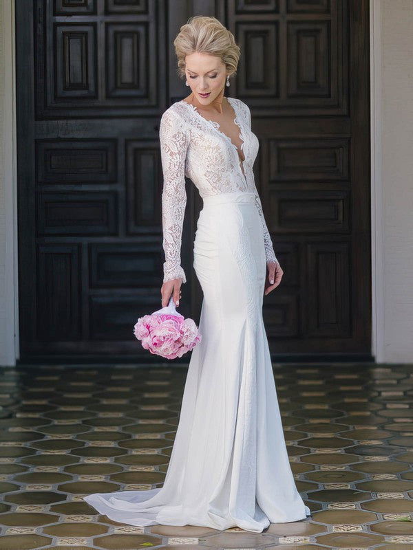 Elegant Trumpet/Mermaid V-neck Lace Chiffon Sweep Train Wedding Dress