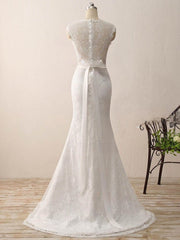 Elegant Trumpet/Mermaid V-neck Lace Wedding Dress with Sashes/Ribbons and Sweep Train