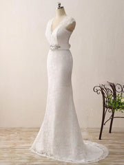 Elegant Trumpet/Mermaid V-neck Lace Wedding Dress with Sashes/Ribbons and Sweep Train