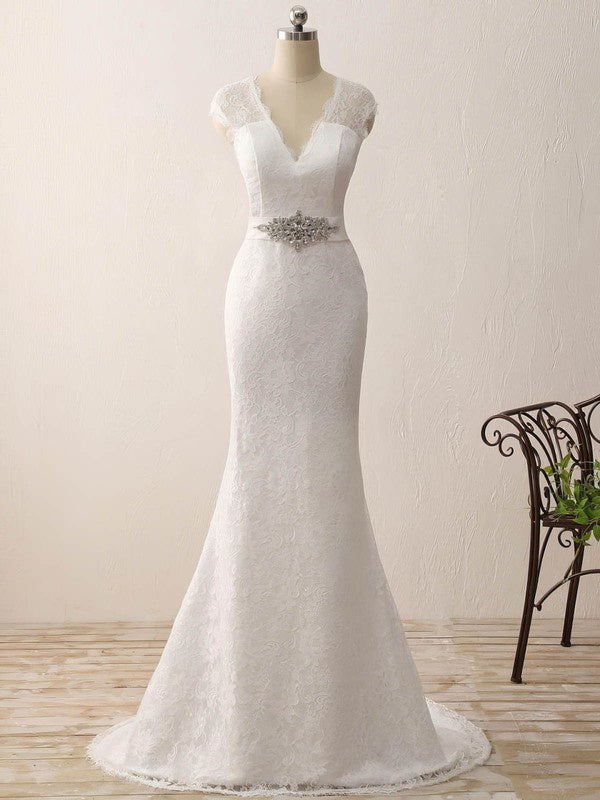 Elegant Trumpet/Mermaid V-neck Lace Wedding Dress with Sashes/Ribbons and Sweep Train