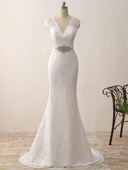 Elegant Trumpet/Mermaid V-neck Lace Wedding Dress with Sashes/Ribbons and Sweep Train