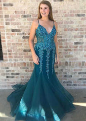 Elegant Trumpet/Mermaid V Neck Sleeveless Tulle Evening Dress with Beading Appliqued-27dress