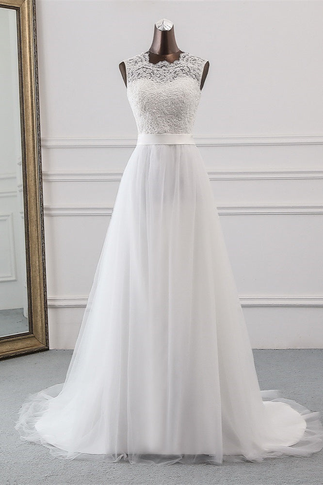 Elegant Tullace Jewel Sleeveless White Wedding Dresses with Appliques Online-27dress