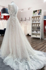 Elegant Tulle Deep V Neck Sleeveless Lace A-Line Weddding Dresses-27dress