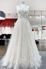 Elegant Tulle Deep V Neck Sleeveless Lace A-Line Weddding Dresses-27dress