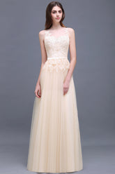 Elegant Tulle Lace Champagne Long Bridesmaid Dress With Appliques-27dress